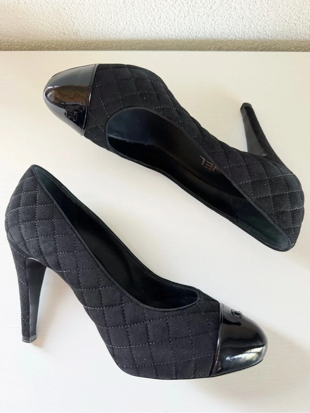 Chanel Black Quilted Suede Patent CC Cap Toe Platform Pumps EU 39